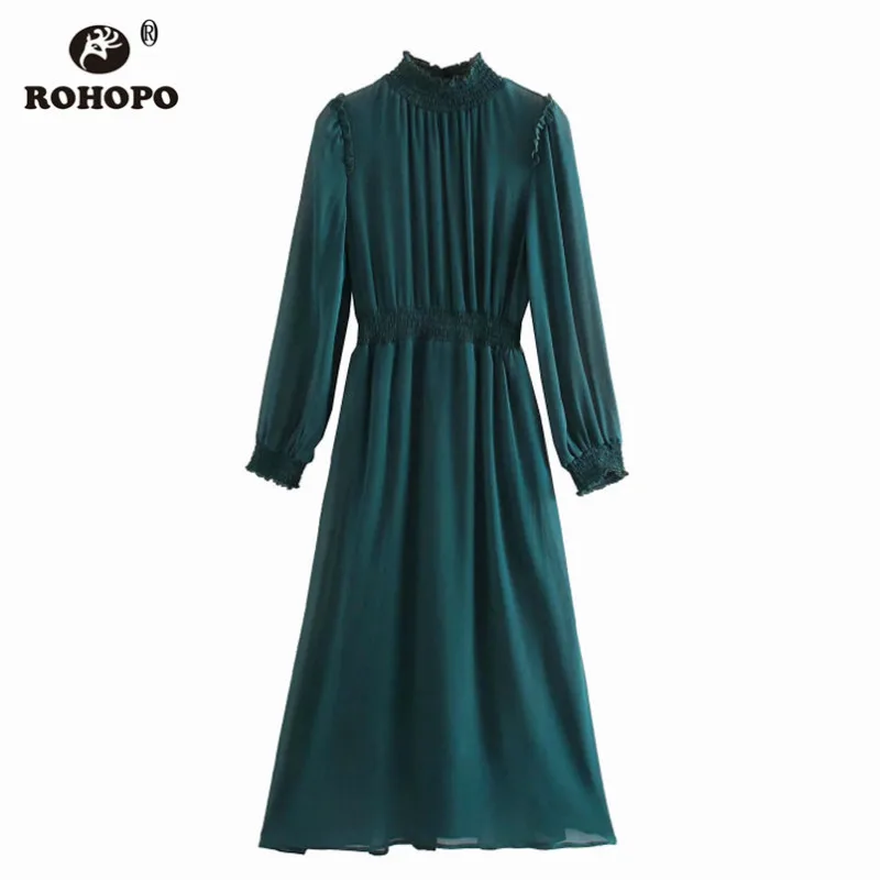ROHOPO зеленый длинный рукав жатый шифон миди платье с подкладкой полу Высокий