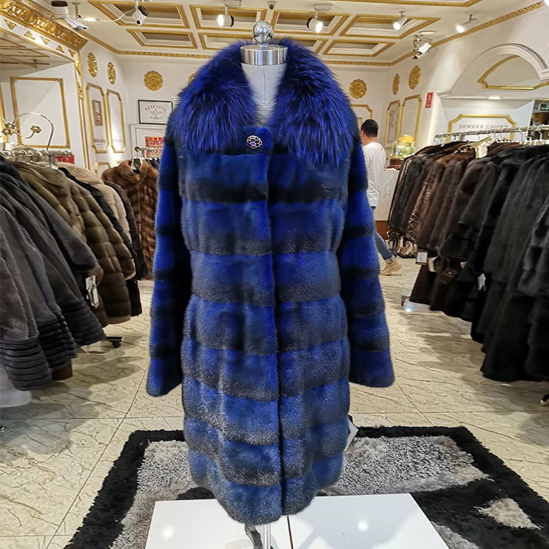 Модное синее пальто с большим меховым воротником из лисьего меха популярное