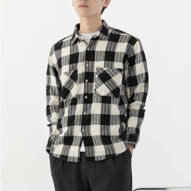 

LUCLESAM Black and White Plaid Dress Shirt Mens Fashion Long Sleeve button down Check Blouse camisa masculina