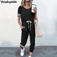 summer womens suit large size loose solid color short sleeved casual ankle length pants sets