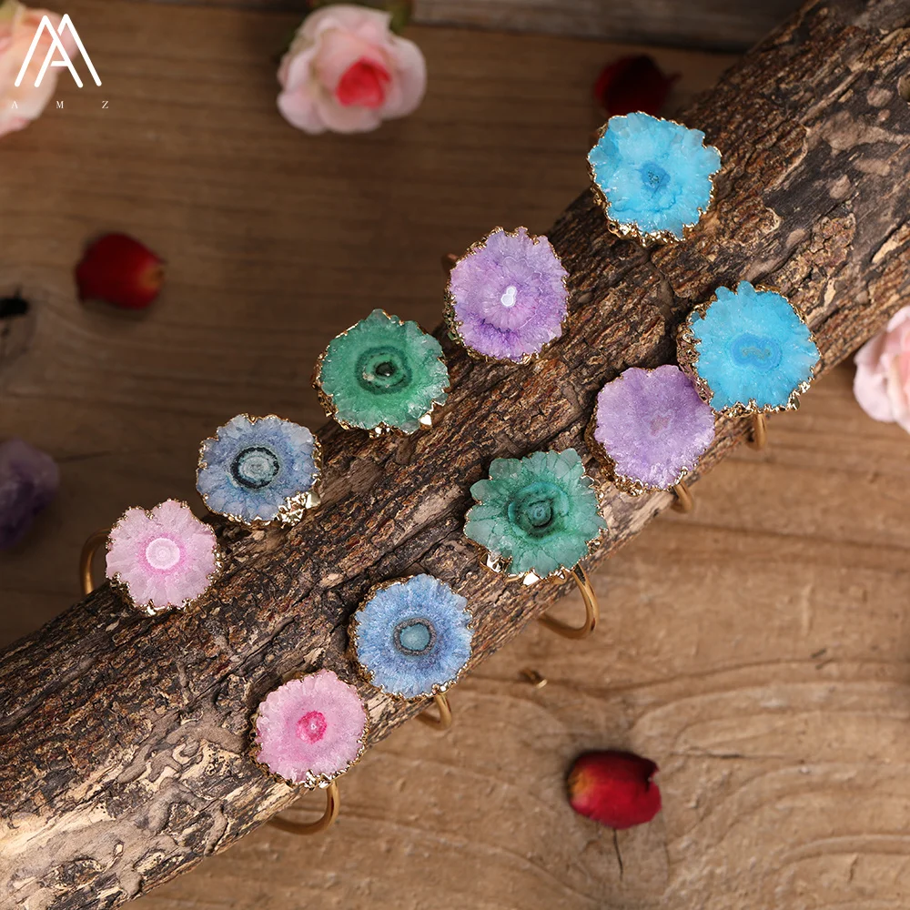

Bohemia Women Druzy Agates Solar Flower Cuff Wristband Bracelet Natural Stone Double Beads Open Bangle Jewelry Dropship Gift