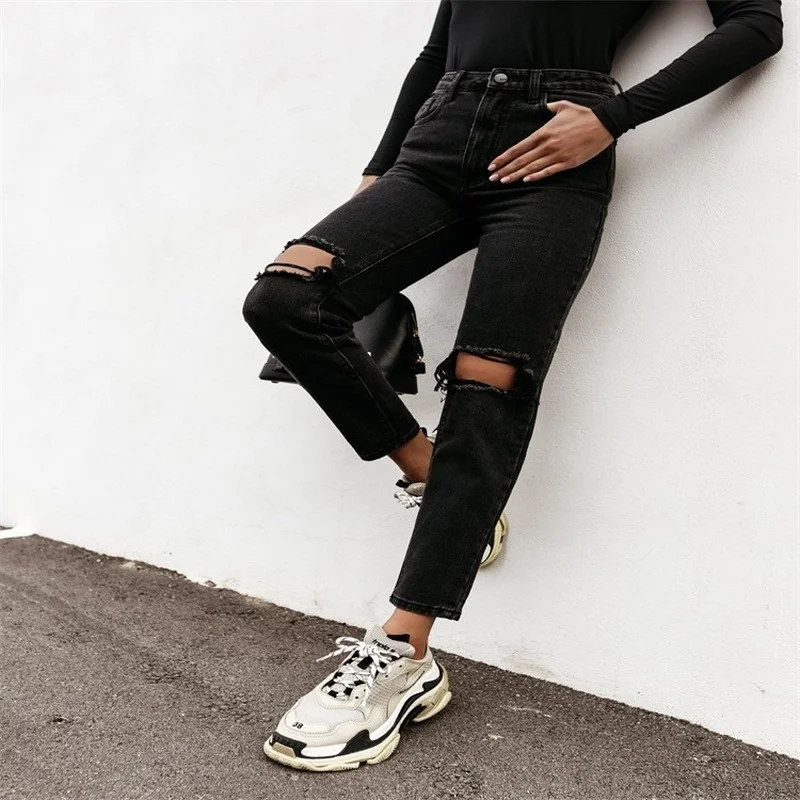 

2021 Winter New Casual Fashion Street Hole Washing Long Jeans High Waisted Jeans Denim Joggers Women Ripped Jeans for Women