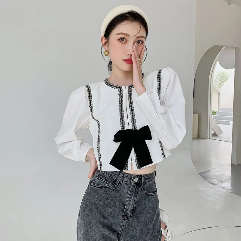 

Kimotimo Fake Two Vest Short Tops Female Korean Chic Summer Temperament Color Contrast Patchwork Bow Puff Sleeve Ladies Shirts