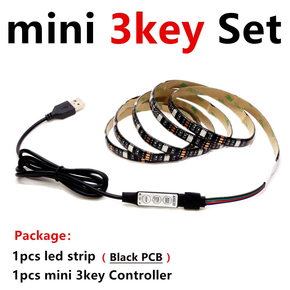 Black PCB 3key Set USB RGB Светодиодные ленты Водонепроницаемый 5V 5050 SMD RGB USB Светодиодные ленты светильник с регулируемой яркостью, лента светодиодный светильник 17key 44Key/24key Добавить Wi-Fi - Испускаемый цвет: Black PCB 3key Set