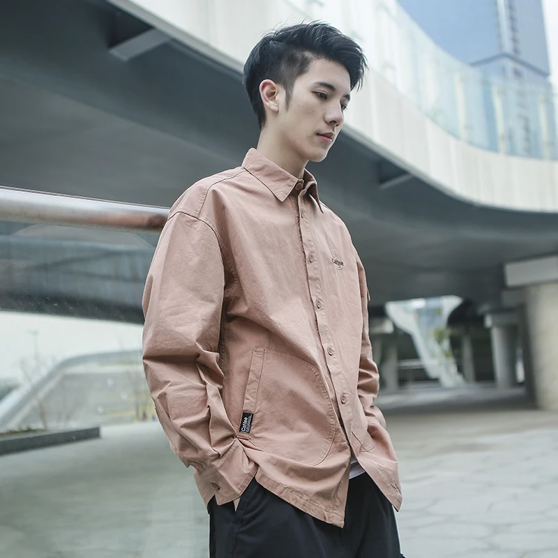 Однотонная уличная Мужская рубашка куртка хип-хоп с длинными рукавами карманами