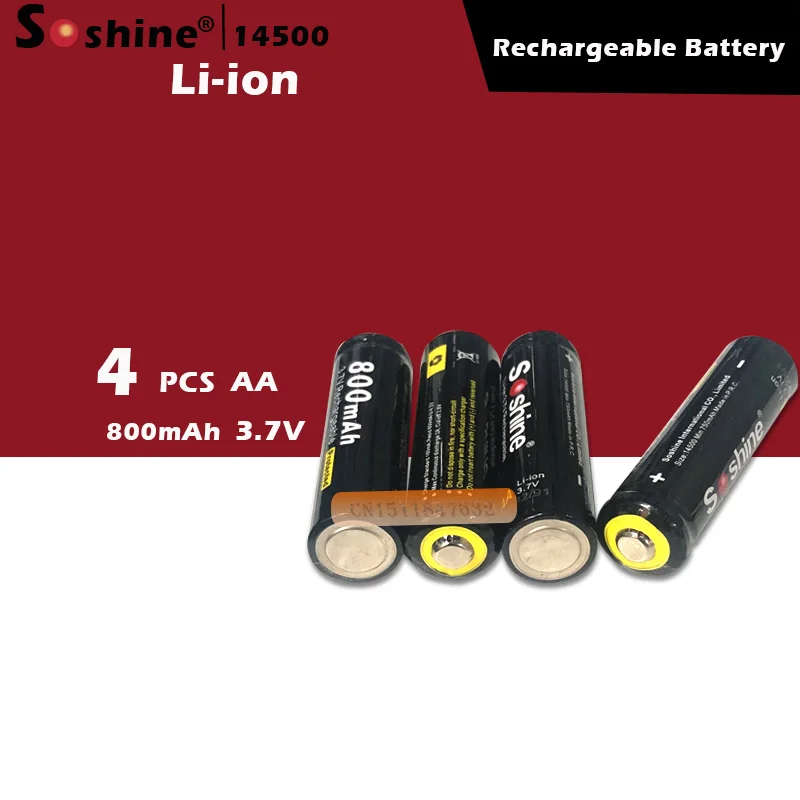 4 шт. 100% Оригинальные Литий ионные аккумуляторы Soshine 14500 AA 3 7 в 800 мАч|li-ion battery|rechargeable