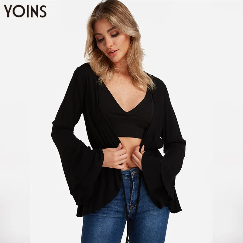 YONIS 2019 весна осень зима женские свитера черные с завязками