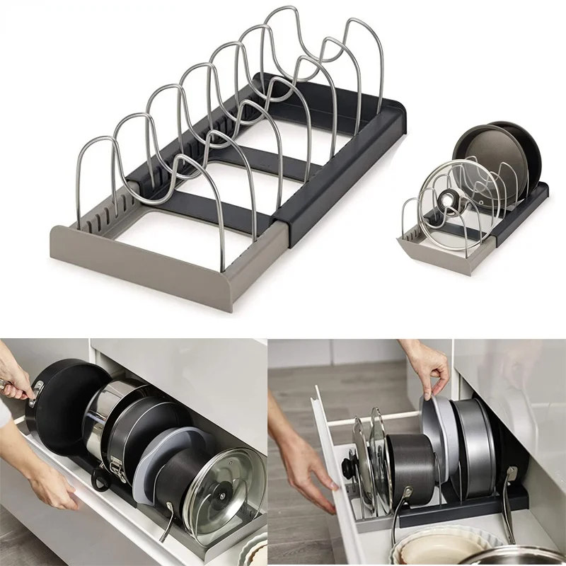 

Кухонный держатель для хранения, растягивающаяся сушилка для посуды, выдвижная полка для крышек кастрюль, полка для слива ложки, сковородок...