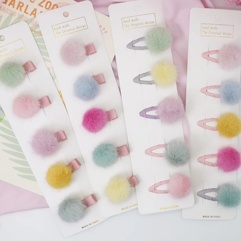 

5Pcs/Set Pompom Baby Hair Clips Cute Fur Ball Kids Gripper Hairpins For Baby Girls Princess Soft Furry Newborn Barrette Headwear