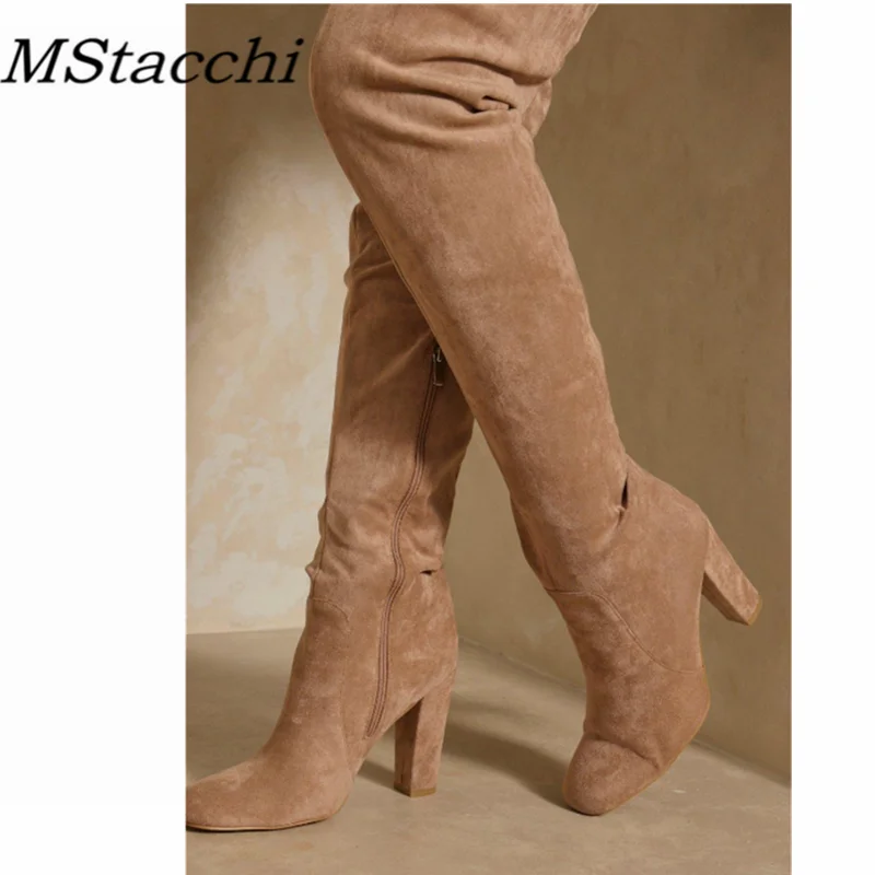 

MStacchi Crude Heel Women's Over The Knee Boots Suede Zipper Square Heel Thick Bottom Botas Mujer Winter Female Pole Dance Shoes
