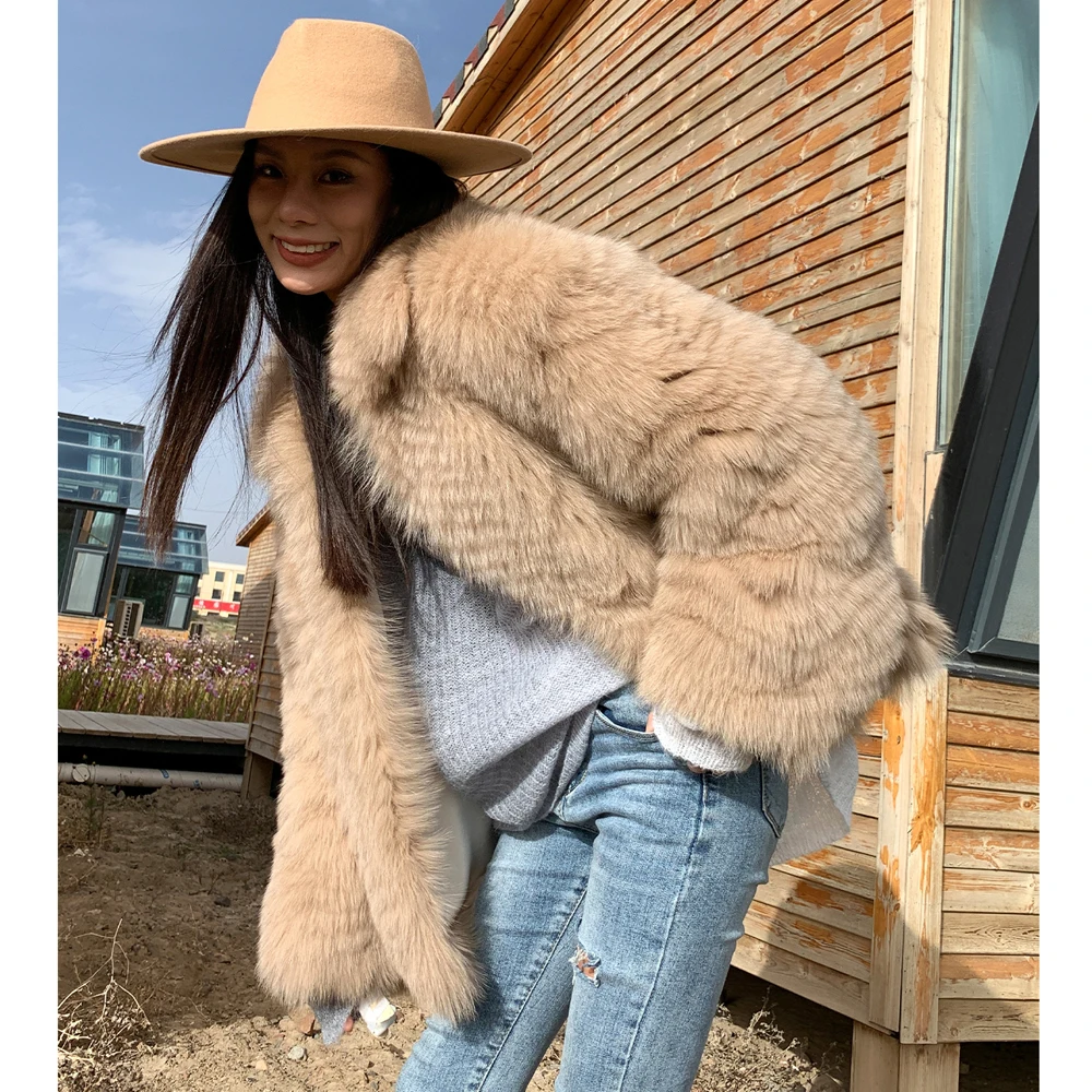 2022 New Women Real Fox Fur Jacket With Lapel Collar Genuine Leather Natural Fox Fur Coat Winter Fashion Thick Warm Fur Overcoat