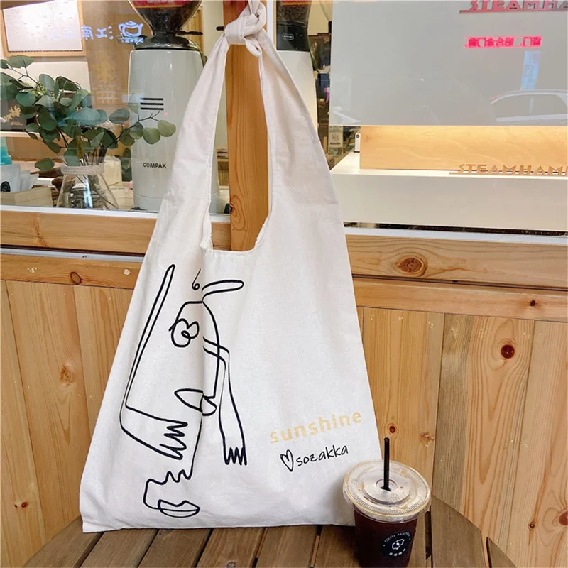 

Women Canvas Shopping Bag Character Line Illustration Female Cotton Cloth Shoulder Bag Eco Handbag Tote Reusable Grocery Bag
