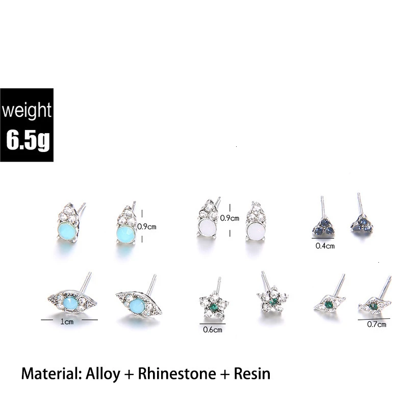 6Pairs Boho Rhinestone Earings Fashion Jewelry For Women Chic Flower Triangle Evil Eye Silver Stud Earrings Set Aretes De Mujer