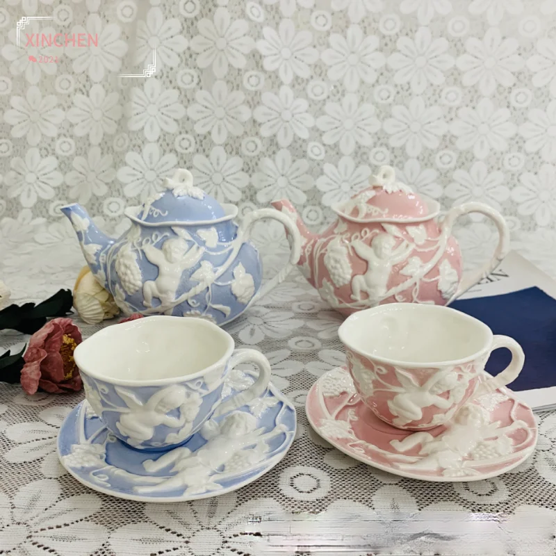

European Style Coffee Cup Saucer Luxurious Embossed Lovely Ceramic Afternoon Tea Teapot Simple High-end Coffee Set