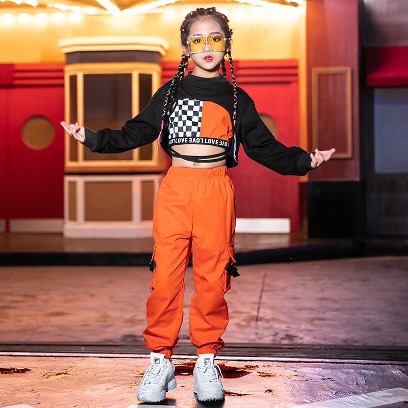 

Costumes Hip Hop pour filles, vêtements de danse de rue, pantalons Orange pour enfants, tenue de scène moderne pour enfants,