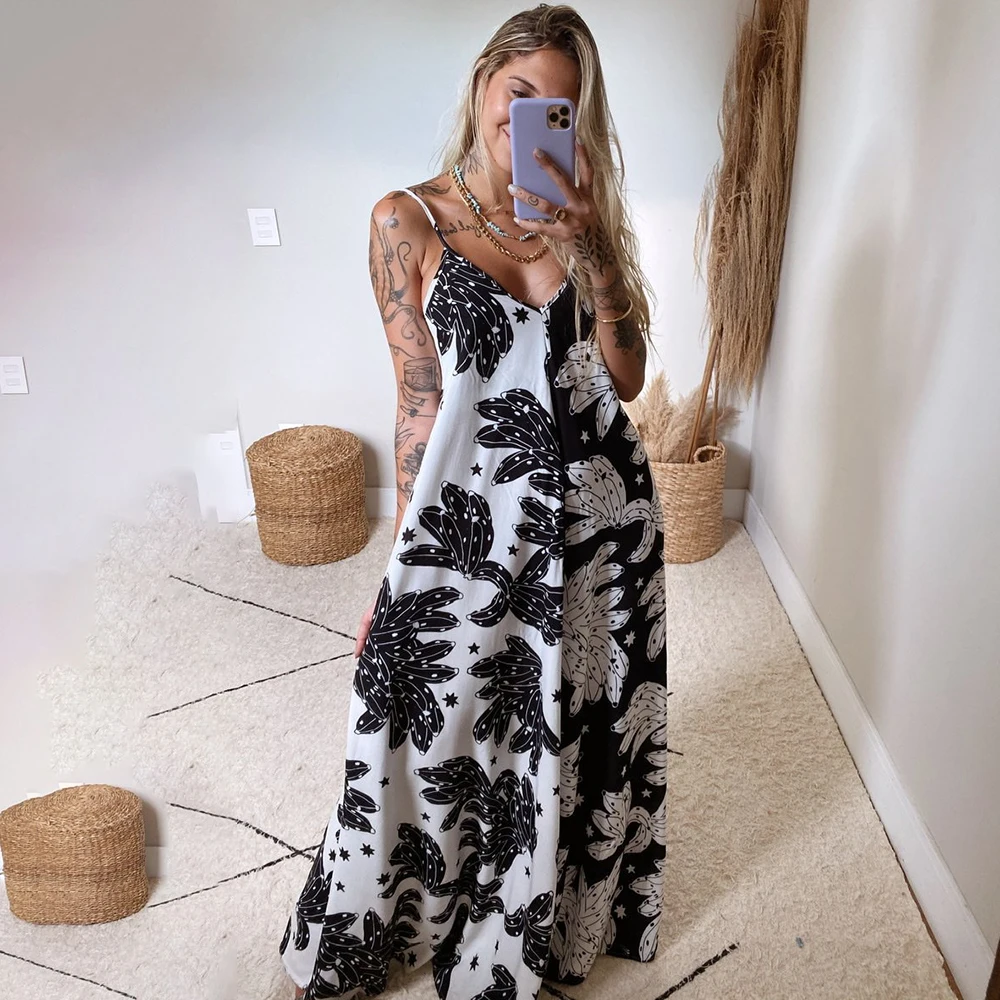 

Summer Long Dress Women Sexy V-neck Strap Sleeveless Print Maxi Dress 2021 Ladies Elegant Fashion Black Backless Party Dresses