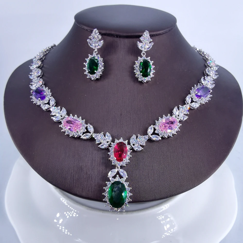 

2023 NEW fashion GREEN BLUE oval CZ zircon necklace earring set wedding bride banquet party dressing jewelry set free shipping