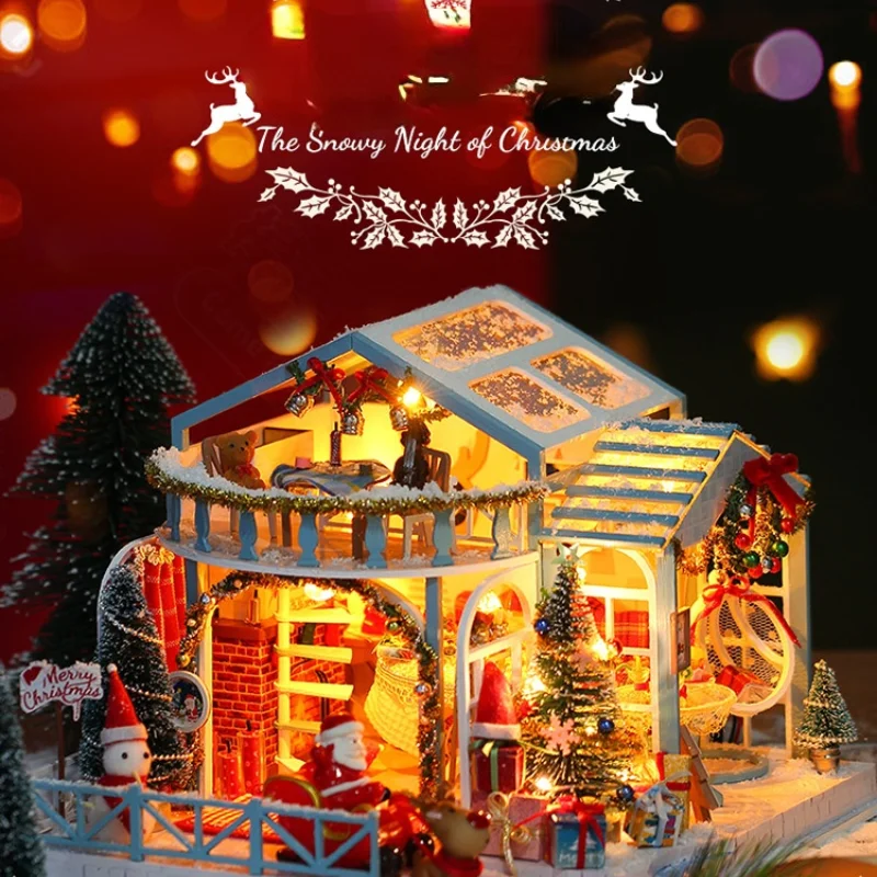

Wooden Dollhouse Christmas New DIY Cottage Villa Handmade ChrismasDay House Model Assembled Toy Christmas Gift For Gilrs Boys
