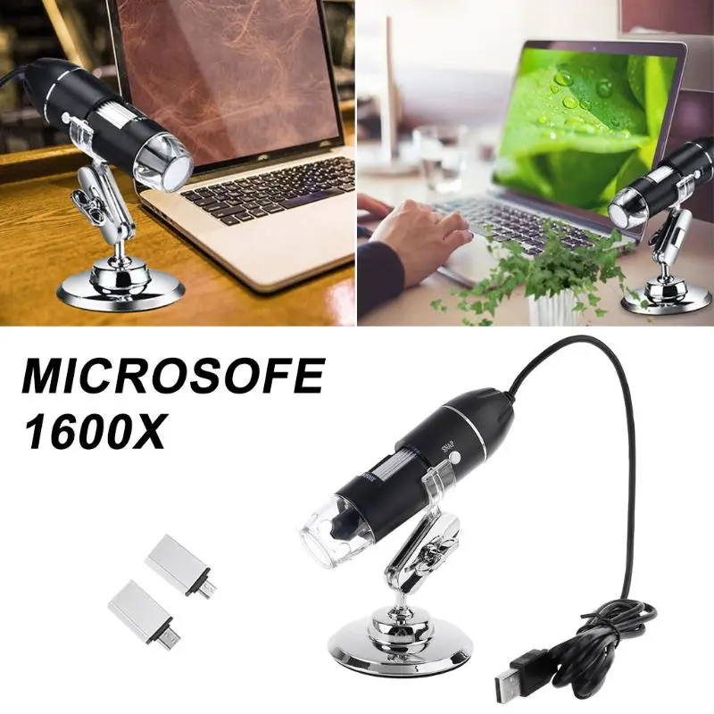 3-в-1 цифровой микроскоп 1600X Портативный 2 адаптера Поддержка OSX Windows PC Type-C микро-usb