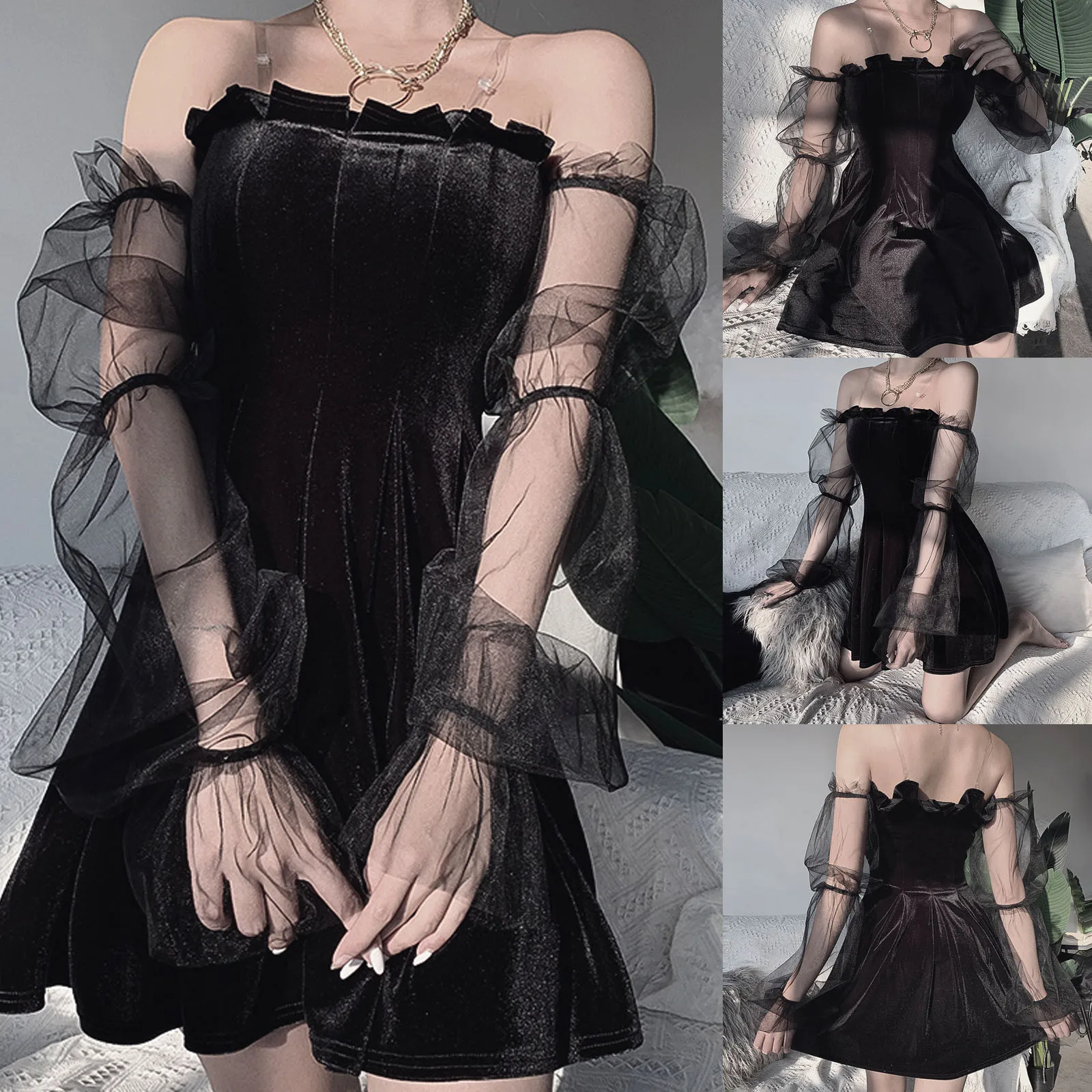 Женское плиссированное платье на бретельках винтажное готическое с сеткой в