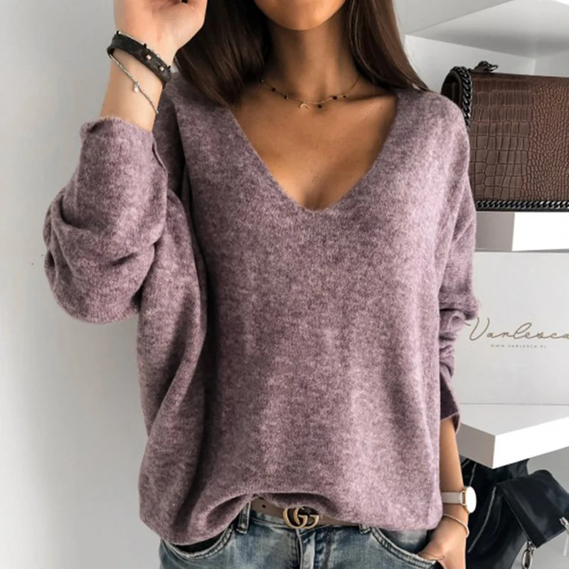 ELSVIOS 3XL Sexy Hollow Out V-neck Knitted Sweater Women Autumn Long Sleeve Candy Basic Tops Loose Ladies Sweaters and Pullovers | Женская