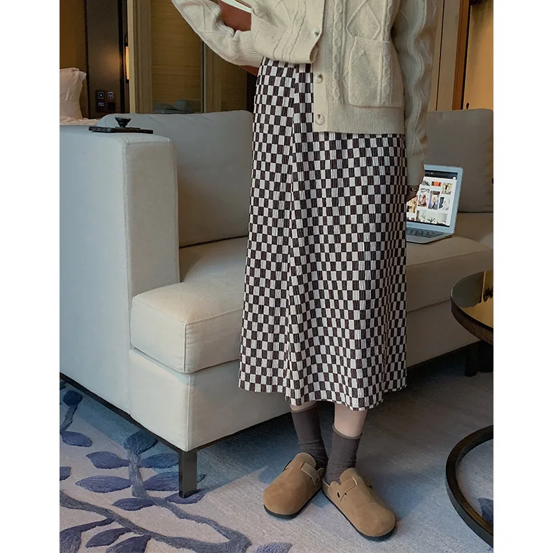

2022 Spring Good Quality Women Elegant Plaid Skirt High Waist Women A-Line Long Skirt Femme Faldas Jupe Saia Women Clothes