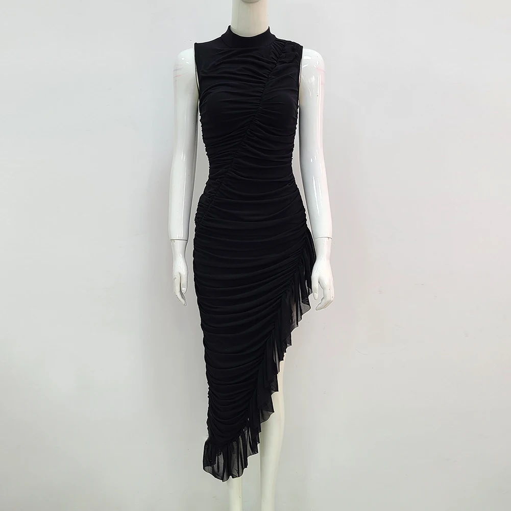 

New Women Sexy Designer Lace Mesh Ruched Black Bandage Dress 2021 Ladies Elegant Celebrity Midi Bodycon Party Dress Vestido