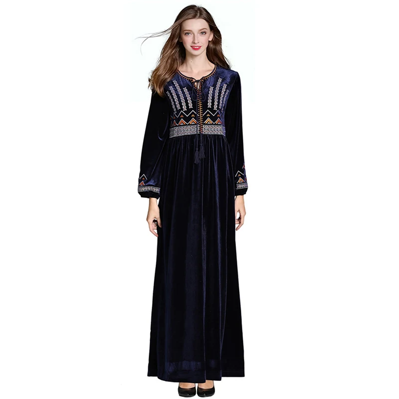 Женское длинное платье-мусульманка с длинным рукавом велюровое платье вышивкой