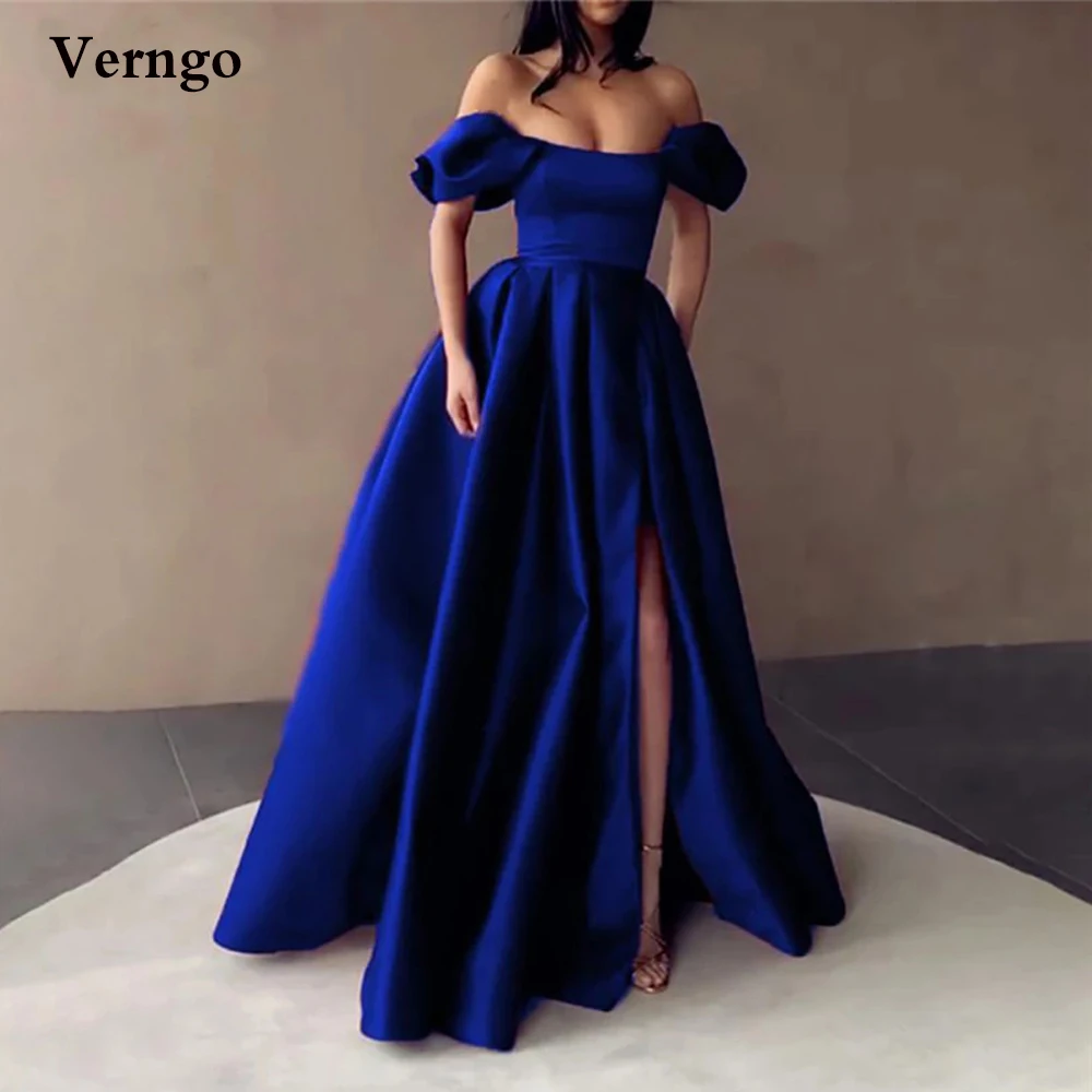 

Verngo A Line Off the Shoulder Satin Evening Dress Burgundy Royal Blue Long Modest Prom Dresses With Slit Simple Formal Gowns