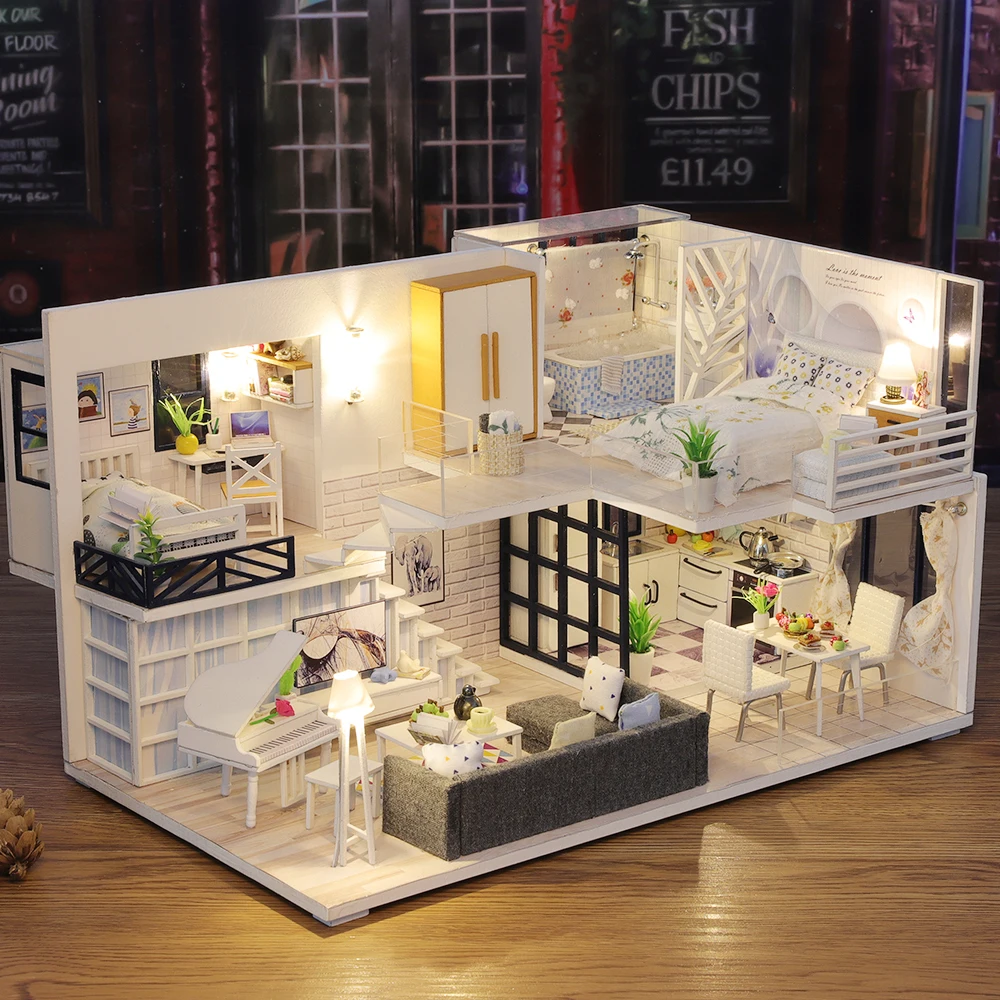 

DIY KIT Dollhouse Kit Wooden Doll Houses Miniature Dollhouse Furniture Kit With LED Toys For Children Birthday Gift Cover