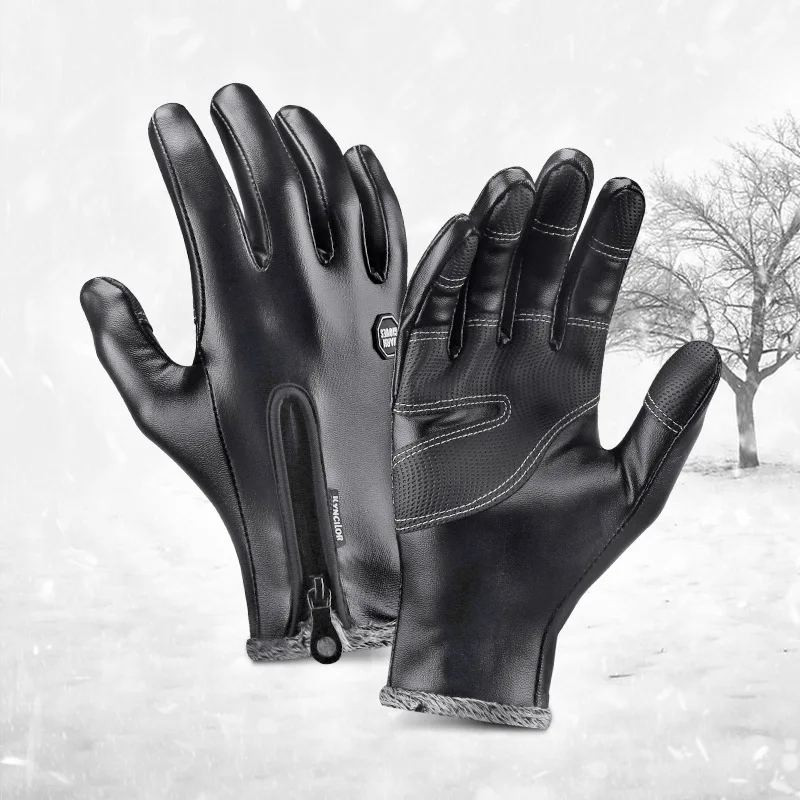 

Outdoor Winter Cycling Gloves Men's Warm Thermal Fleece Leather Gloves Windproof Waterproof Non-slip Touch Screen Ski Gloves