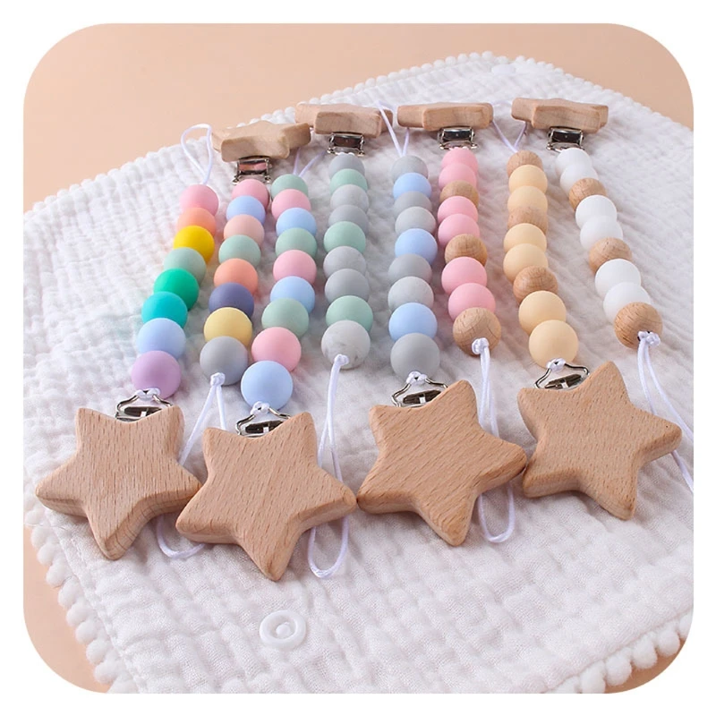 Chupete de madera de haya con cadena de chupete para ni&ntilde;os, Clips de juguete para morder, sin BPA-0