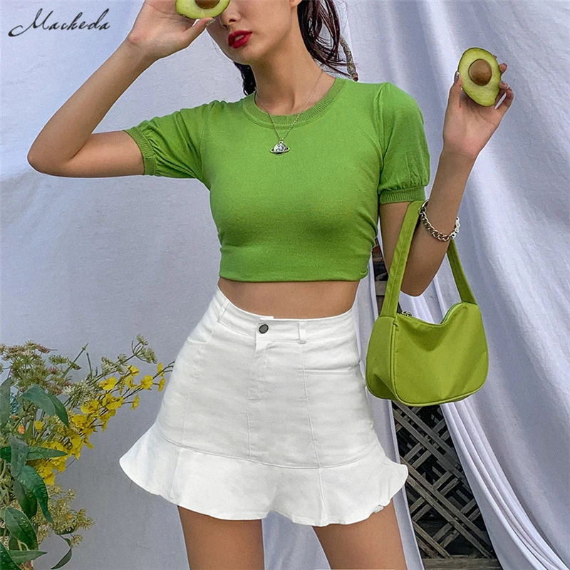 

Macheda Summer Ruffle Hem Trumpet Skirt Women Fashion Solid Slim Bodycon Skirts For Lady Casual High Waist Mini Skirt 2020 New