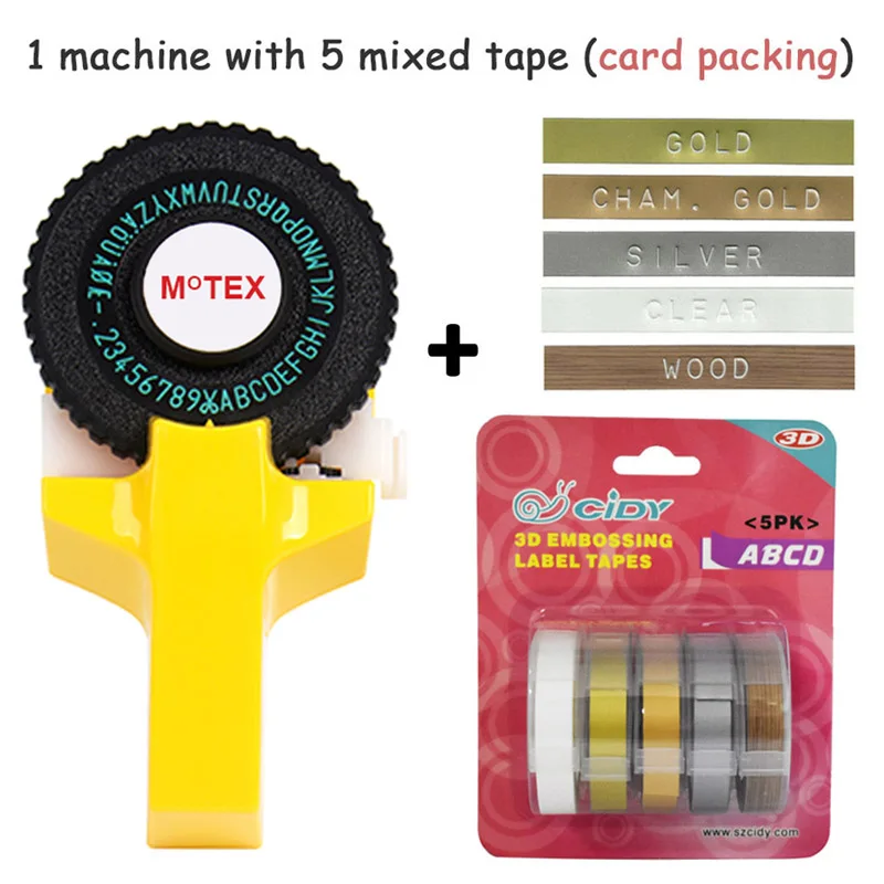 Желтый Цвет MoTex E101 принтер мини DIY ручной совместимый для dymo 3D Тиснение Ручной ленточный ручной пишущая машинка надписи машина - Цвет: machine add 5 mixed