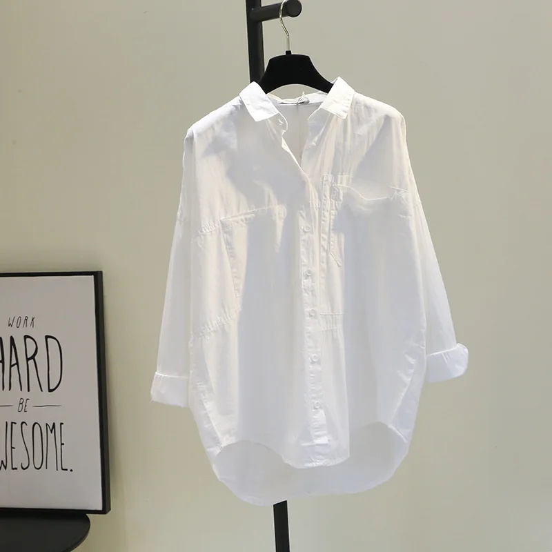

Double Pocket Front Short Back Long White Shirt Women Spring and Autumn Korean Loose Literary Bf Style Casual Shirt for Women