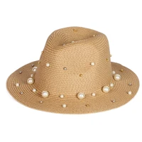 wholesale high quality summer beach ladies women straw hat wide brim panama hats with pearls