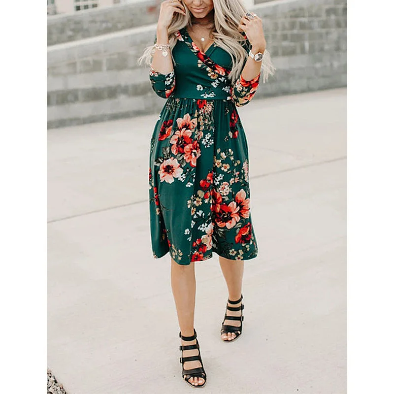

2021 Summer New Casual Beach Slim Dress Women's Printed Long-sleeved V-neck Long-sleeved Pocket Dress Women