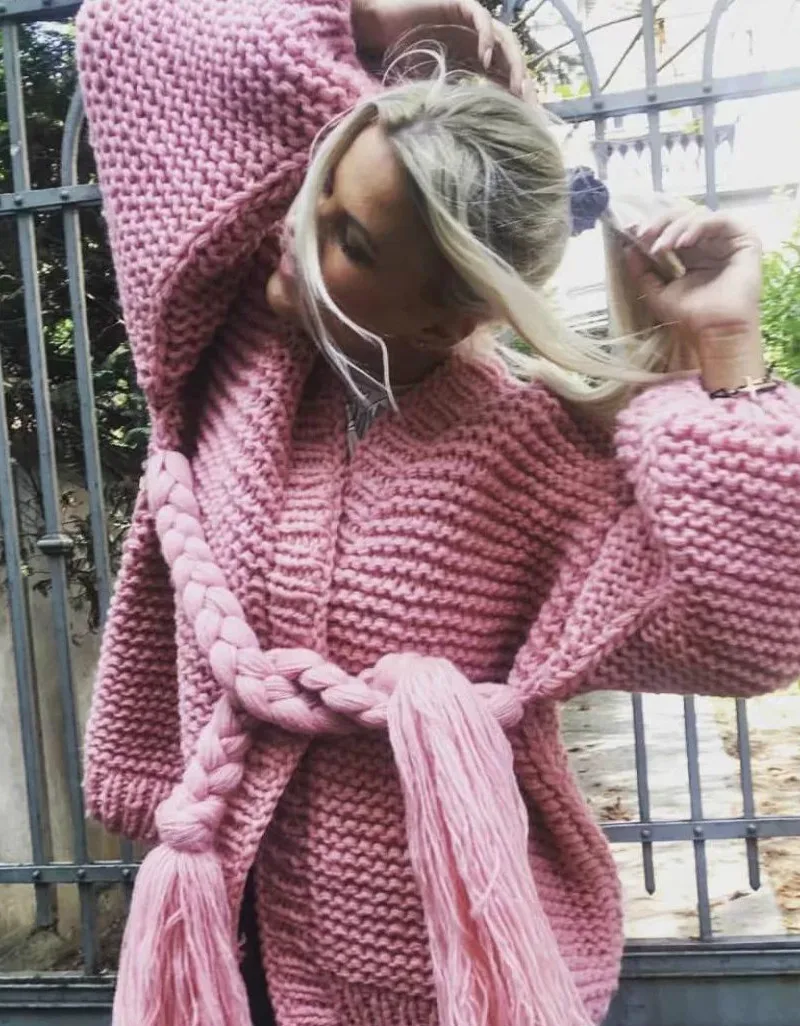 

Autumn and Winter Long Twist Knitted Cardigan Women's Sweater Casual Tassel Thick Lantern Sleeve Cardigan Feminino Jacket