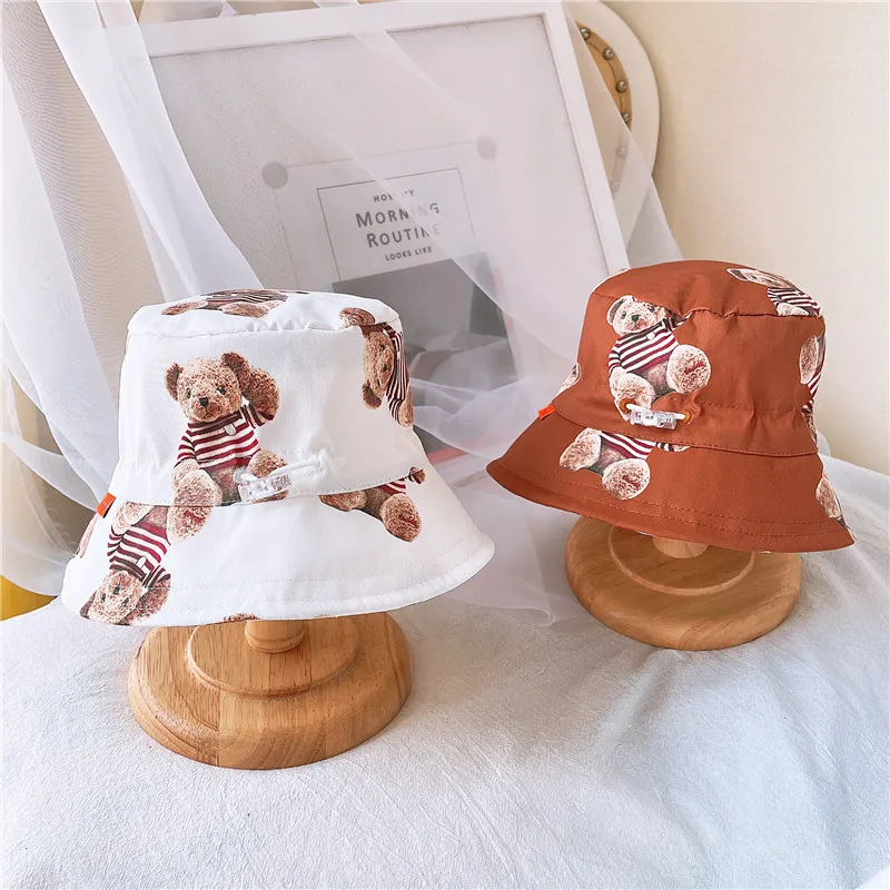 

Japanese Korean boys girls basin cap 2021 simple letter sun shading Pure cotton cartoon children fisherman hat