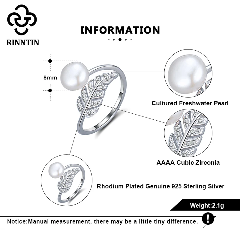 

Rinntin 925 Sterling Silver Finger Ring Trendy Freshwater Pearl Wedding Rings for Women Leaf Shape Original Jewelry GPR03