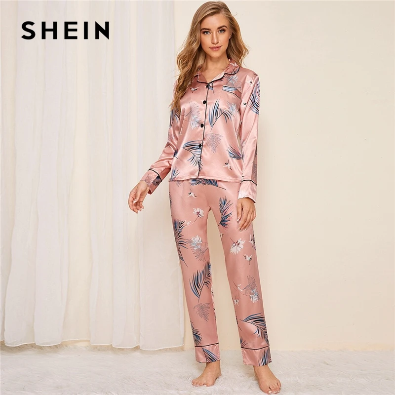 SHEIN розовый кран и лист печати Атласный пижамный комплект Женский Осенний Повседневный короткий рукав белье с карманом длинные штаны пижамные наборы