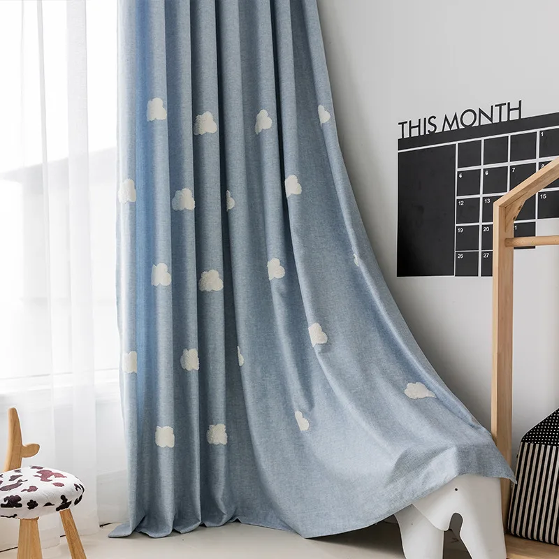 Embroidered Clouds Blue Cartoon Bay Window Bedroom Living Room Children Boys And Girls | Curtain