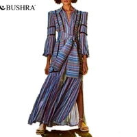 bushra striped lace up side split long dress female lapel long sleeve high waist maxi blue casual dresses for women 2022 new