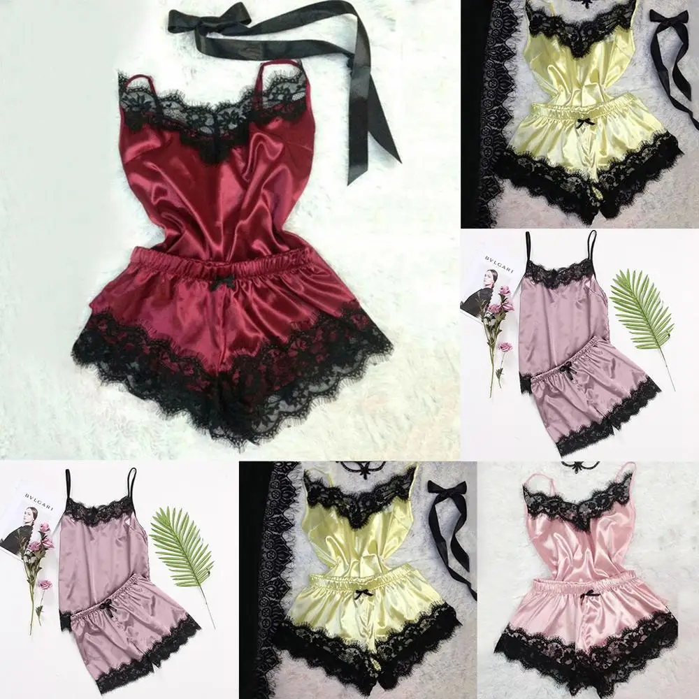 Женский сексуальный пижамный комплект из искусственного шелка с глубоким v