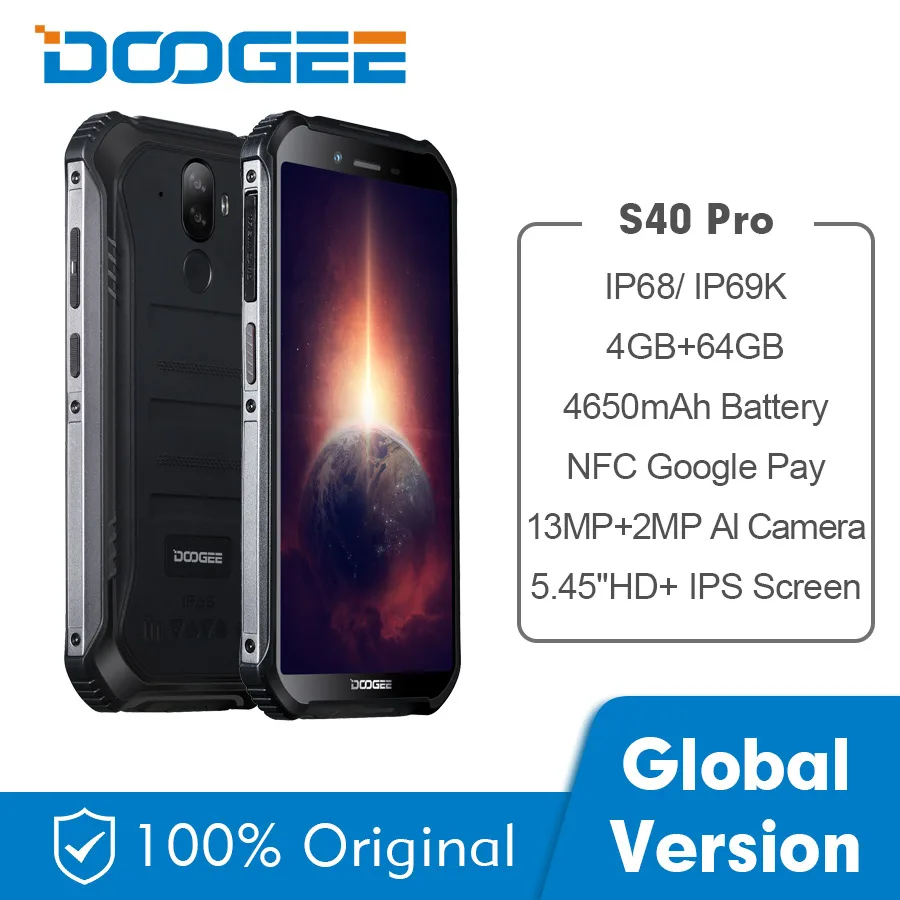 DOOGEE S40 Pro 4GB+64GB 4350mah Smartphones Android 10 Rugged Mobile Phone IP68/IP69K Waterproof Helio A25 Octa-core Cell phone