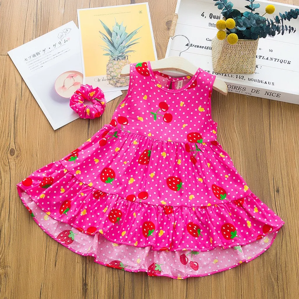 Baby Kids Girls Sleeveless Strawberry Dot Printed Dress+Headband Clothes Set 1 2 3 4 Years | Детская одежда и обувь