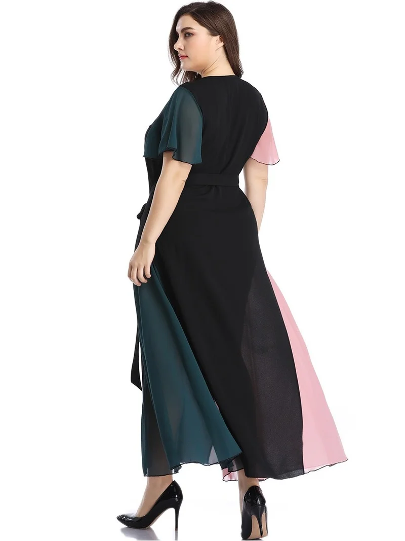 

Spring summer plus size women chiffon short-sleeved long skirt V-neck stitching contrast color highwaist lace-up oversized dress