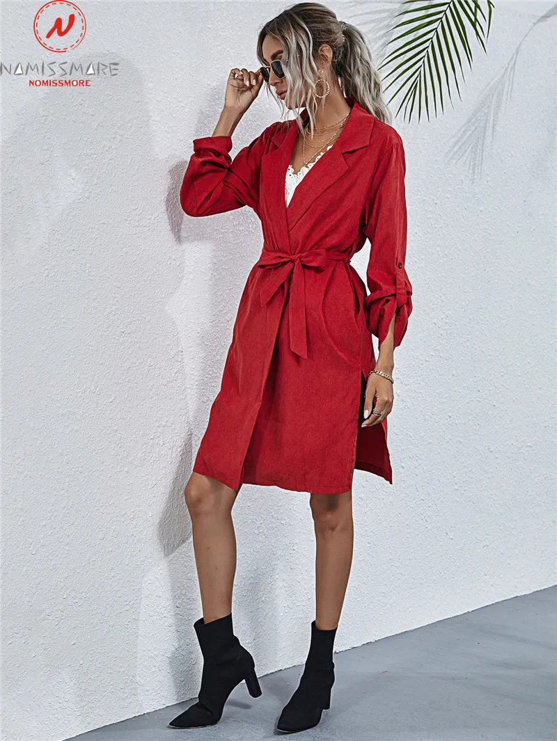 

Women Spring Autumn Mini Dress Side Split Design Belt Decor Turn-down Collar Long Sleeve Mid Waist Solid Slim Cardgian Dress