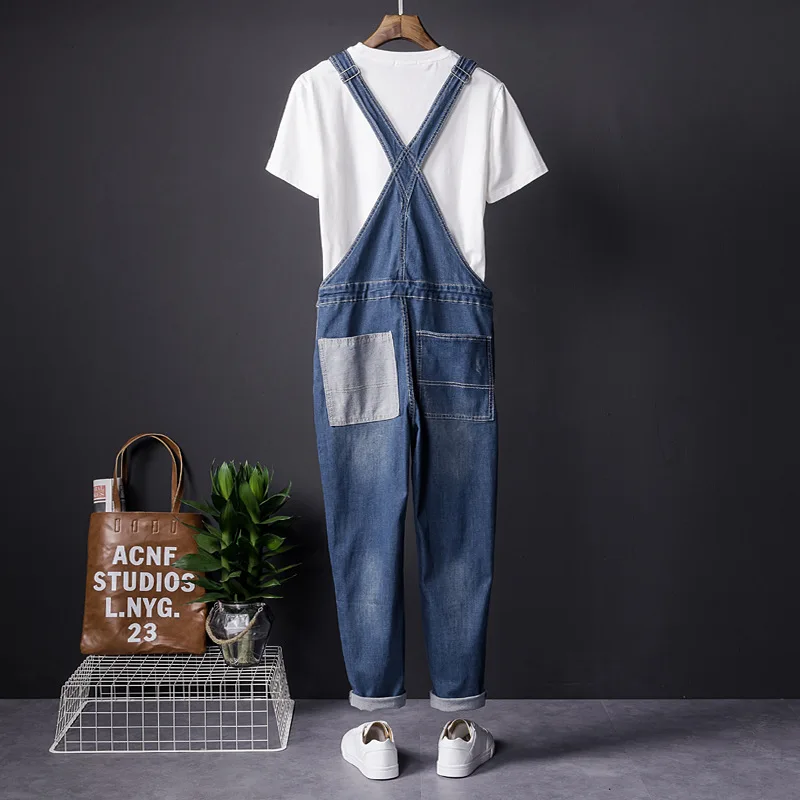 Fahsion Man Jeans Bib Overalls Splice Style Streetwear Hip Hop  Denim Jumpsuits Trousers Blue Ropa Hombre Freight Pants
