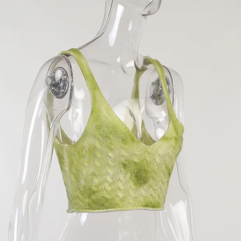 

Vintage Y2K Streetwear Green Knitted Cami Tops 90s Fashion Tie Dye Print Twist Backless Cropped Top Summer Cute Outfit